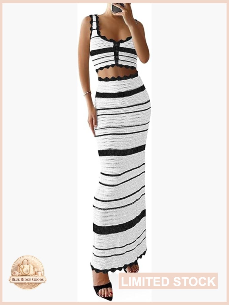 Striped Crochet Two Piece Set Sleeveless Crop Top Maxi Skirt Summer Coverup